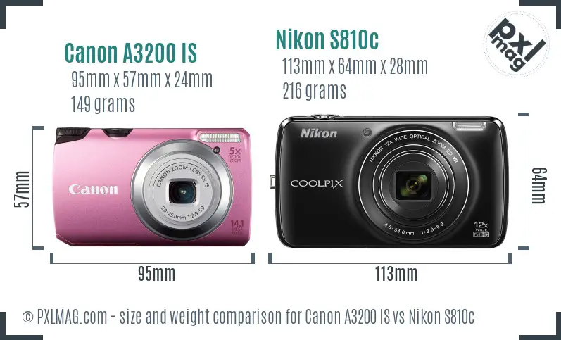 Canon A3200 IS vs Nikon S810c size comparison