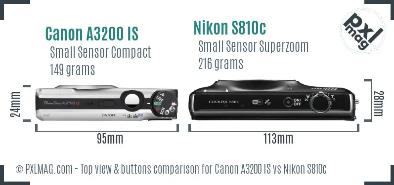 Canon A3200 IS vs Nikon S810c top view buttons comparison