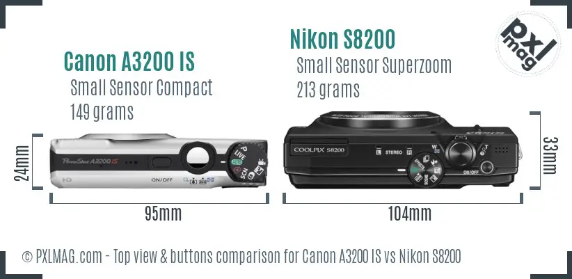 Canon A3200 IS vs Nikon S8200 top view buttons comparison Canon A3200 IS vs Nikon S8200 top view buttons comparison