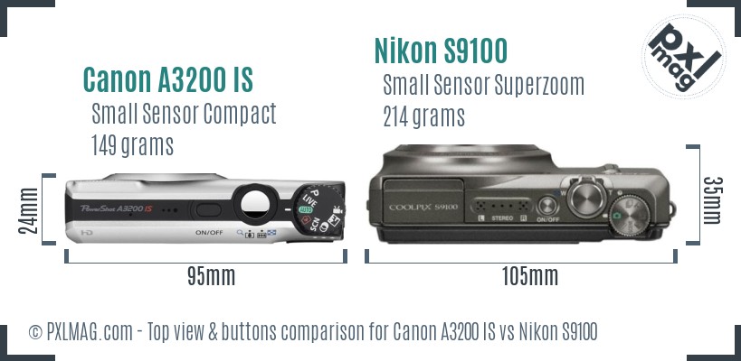 Canon A3200 IS vs Nikon S9100 top view buttons comparison