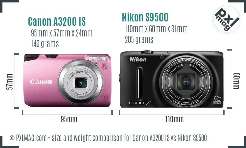 Canon A3200 IS vs Nikon S9500 size comparison