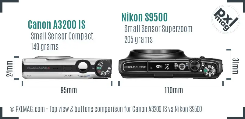 Canon A3200 IS vs Nikon S9500 top view buttons comparison