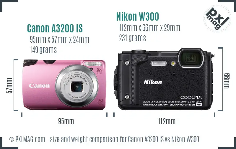 Canon A3200 IS vs Nikon W300 size comparison