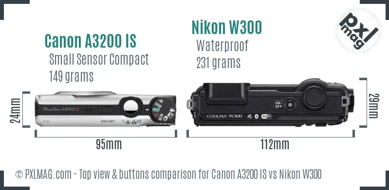 Canon A3200 IS vs Nikon W300 top view buttons comparison