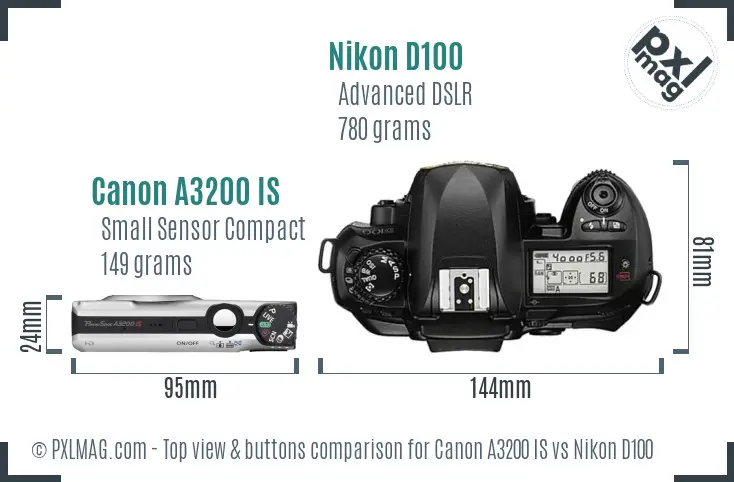 Canon A3200 IS vs Nikon D100 top view buttons comparison