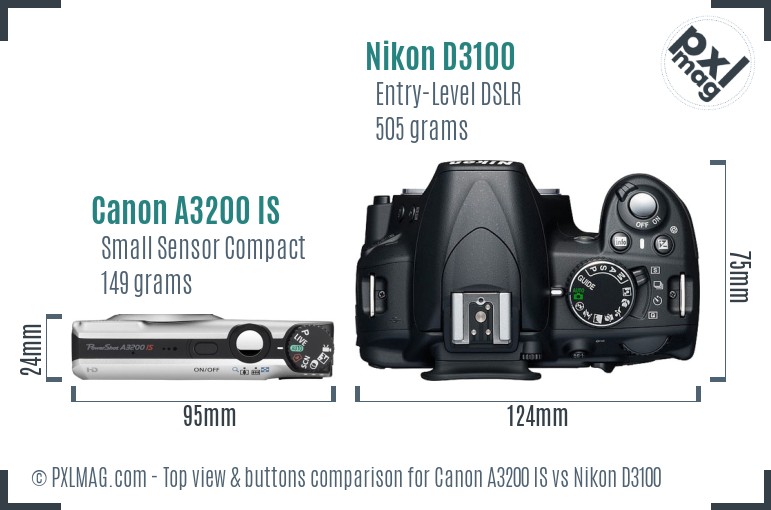 Canon A3200 IS vs Nikon D3100 top view buttons comparison
