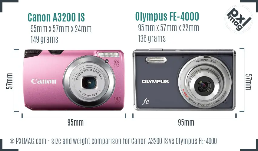 Canon A3200 IS vs Olympus FE-4000 size comparison