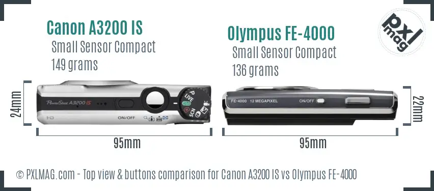 Canon A3200 IS vs Olympus FE-4000 top view buttons comparison