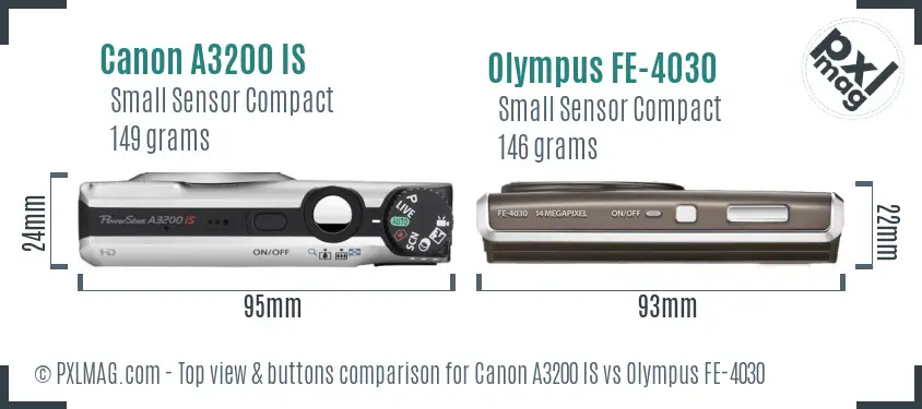 Canon A3200 IS vs Olympus FE-4030 top view buttons comparison