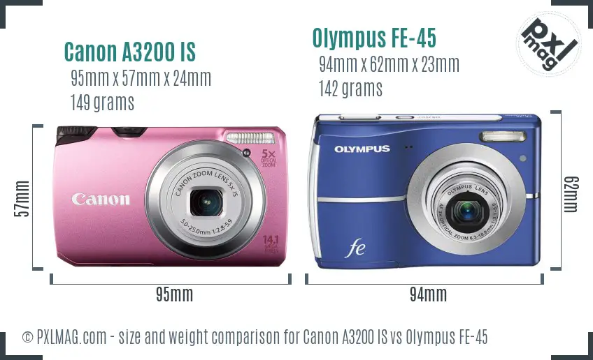 Canon A3200 IS vs Olympus FE-45 size comparison