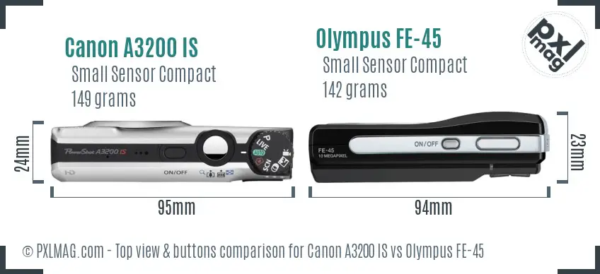Canon A3200 IS vs Olympus FE-45 top view buttons comparison