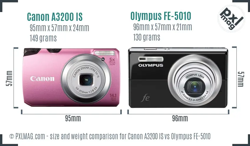 Canon A3200 IS vs Olympus FE-5010 size comparison