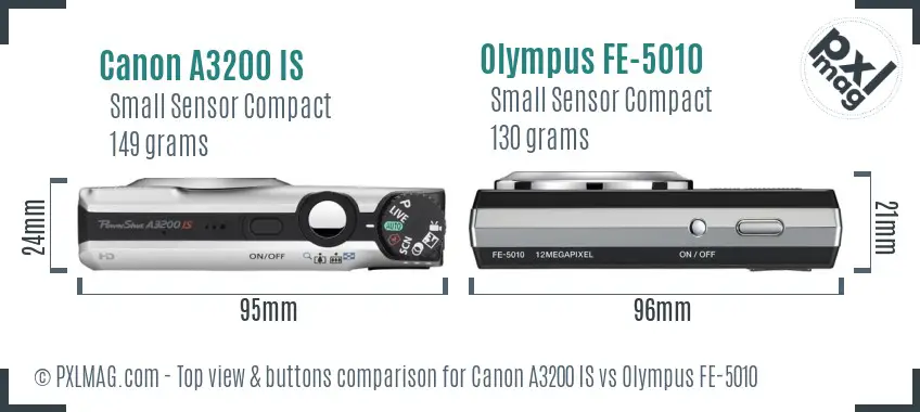 Canon A3200 IS vs Olympus FE-5010 top view buttons comparison