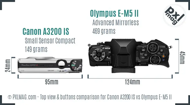 Canon A3200 IS vs Olympus E-M5 II top view buttons comparison