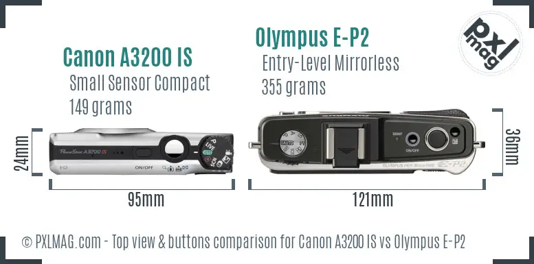 Canon A3200 IS vs Olympus E-P2 top view buttons comparison