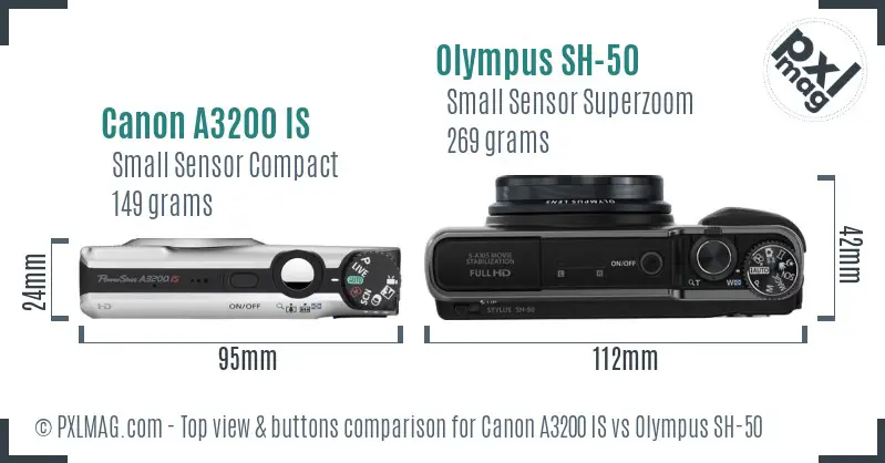Canon A3200 IS vs Olympus SH-50 top view buttons comparison Canon A3200 IS vs Olympus SH-50 top view buttons comparison