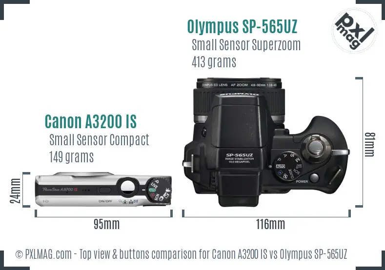Canon A3200 IS vs Olympus SP-565UZ top view buttons comparison