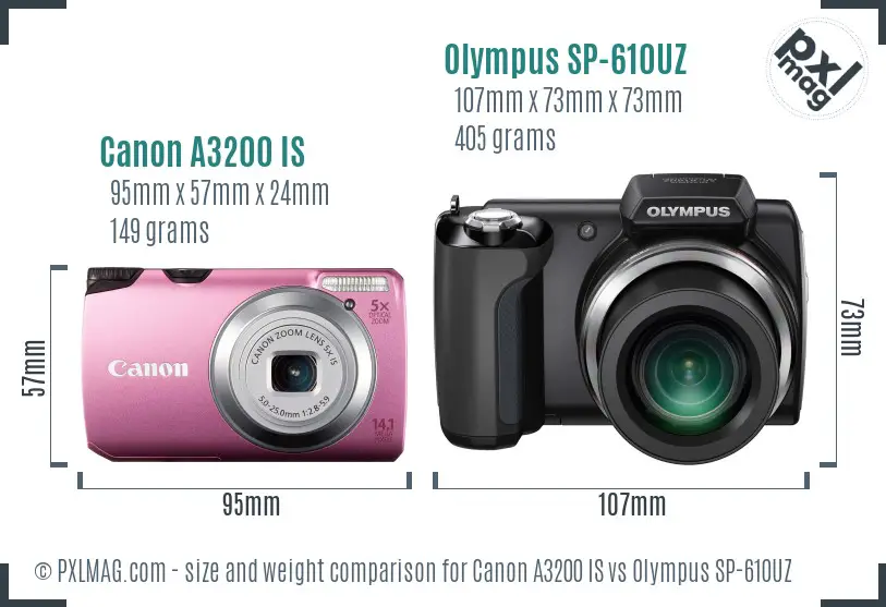 Canon A3200 IS vs Olympus SP-610UZ size comparison Canon A3200 IS vs Olympus SP-610UZ size comparison