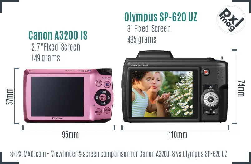 Canon A3200 IS vs Olympus SP-620 UZ Screen and Viewfinder comparison
