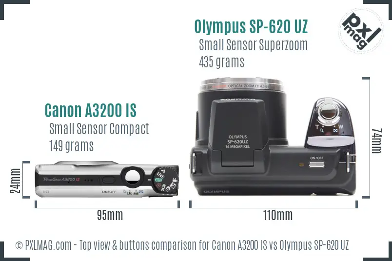 Canon A3200 IS vs Olympus SP-620 UZ top view buttons comparison
