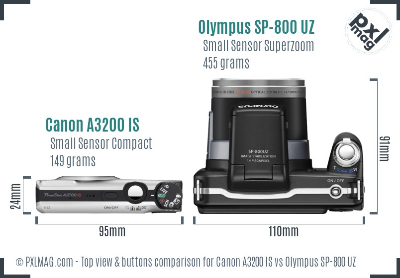 Canon A3200 IS vs Olympus SP-800 UZ top view buttons comparison