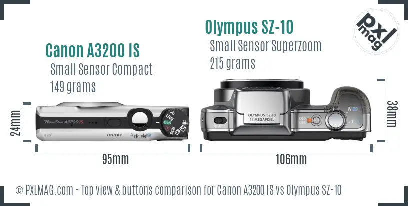 Canon A3200 IS vs Olympus SZ-10 top view buttons comparison Canon A3200 IS vs Olympus SZ-10 top view buttons comparison