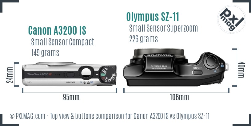 Canon A3200 IS vs Olympus SZ-11 top view buttons comparison
