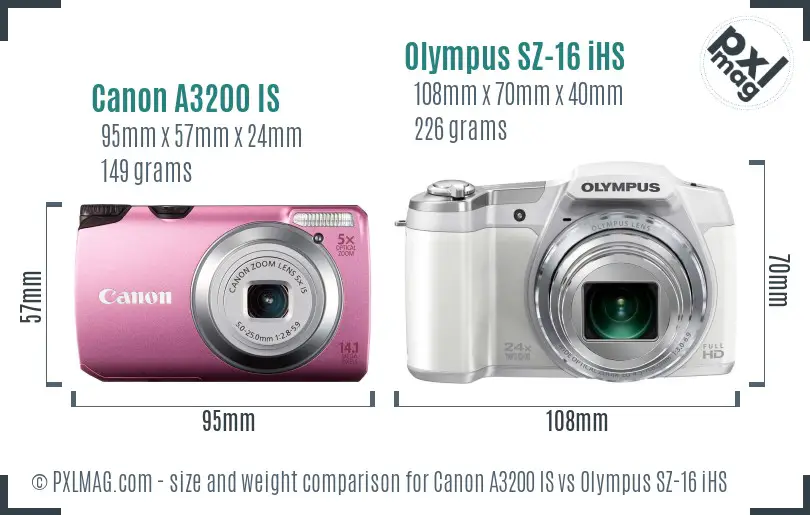 Canon A3200 IS vs Olympus SZ-16 iHS size comparison Canon A3200 IS vs Olympus SZ-16 iHS size comparison
