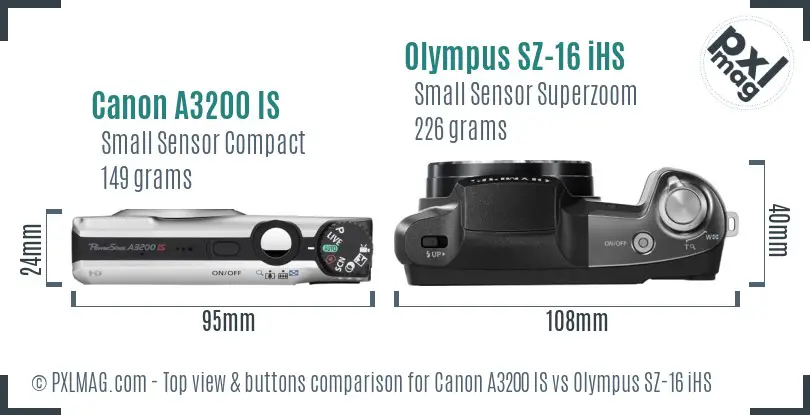 Canon A3200 IS vs Olympus SZ-16 iHS top view buttons comparison Canon A3200 IS vs Olympus SZ-16 iHS top view buttons comparison