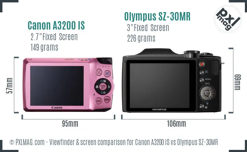 Canon A3200 IS vs Olympus SZ-30MR Screen and Viewfinder comparison