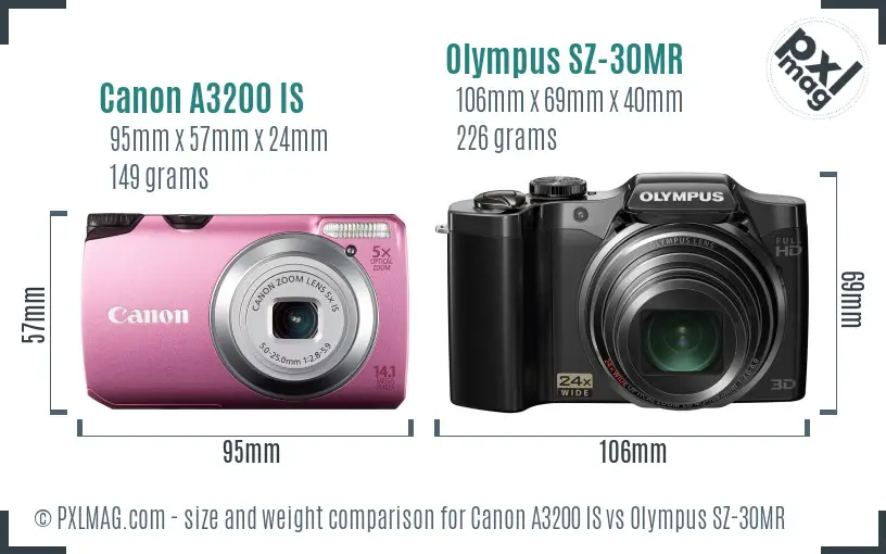 Canon A3200 IS vs Olympus SZ-30MR size comparison