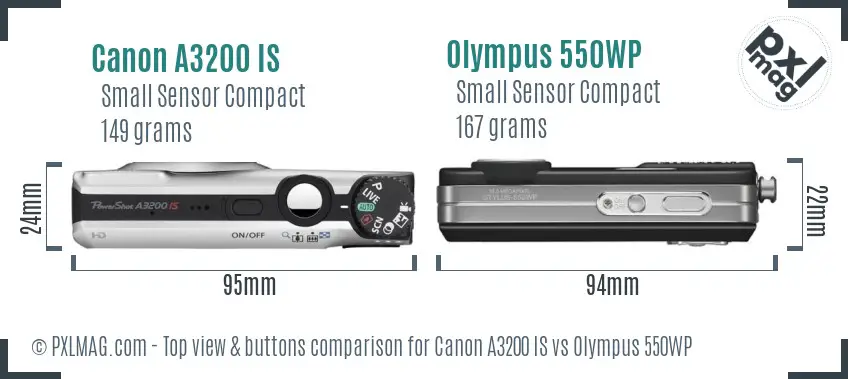 Canon A3200 IS vs Olympus 550WP top view buttons comparison