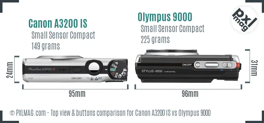 Canon A3200 IS vs Olympus 9000 top view buttons comparison