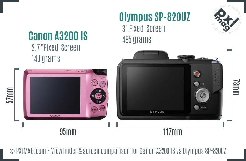 Canon A3200 IS vs Olympus SP-820UZ Screen and Viewfinder comparison