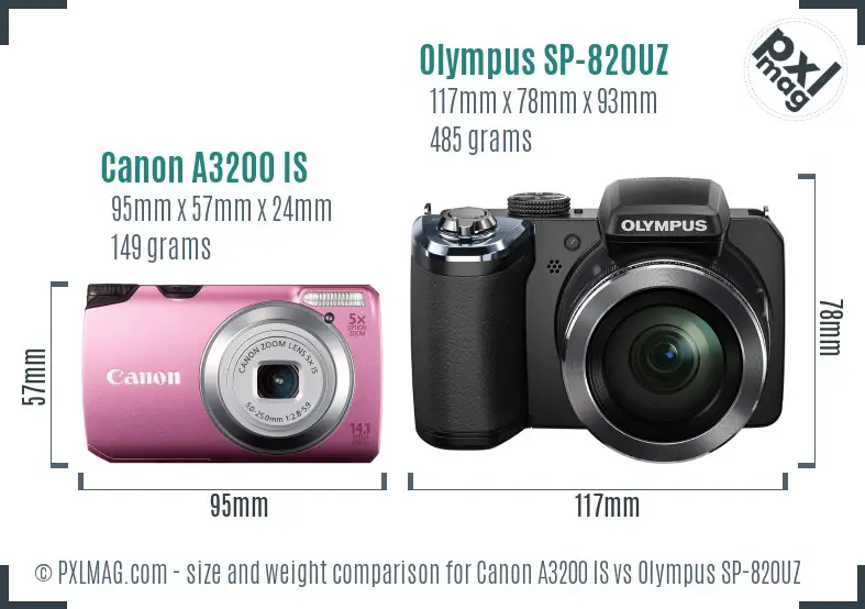 Canon A3200 IS vs Olympus SP-820UZ size comparison