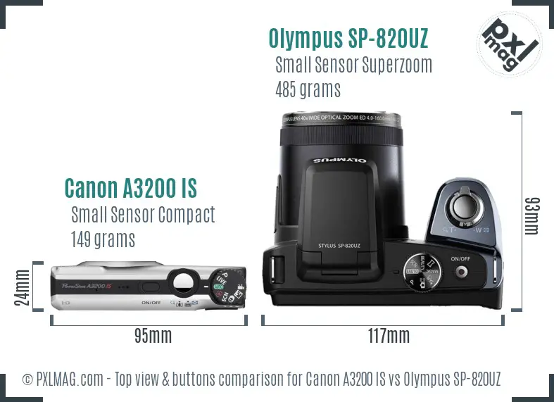 Canon A3200 IS vs Olympus SP-820UZ top view buttons comparison