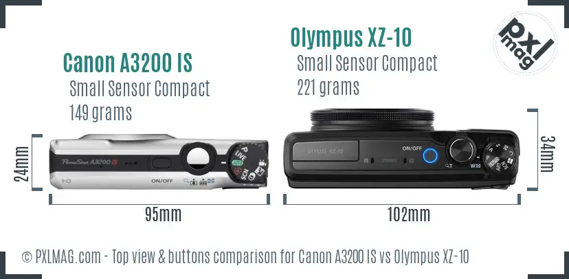 Canon A3200 IS vs Olympus XZ-10 top view buttons comparison Canon A3200 IS vs Olympus XZ-10 top view buttons comparison