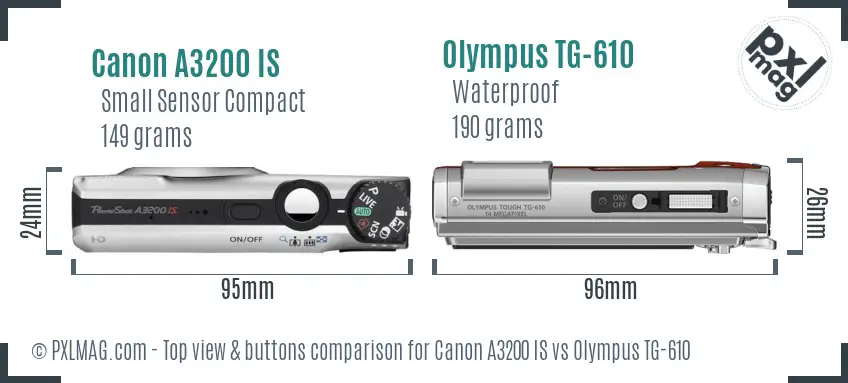 Canon A3200 IS vs Olympus TG-610 top view buttons comparison