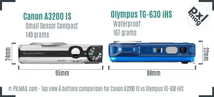 Canon A3200 IS vs Olympus TG-630 iHS top view buttons comparison