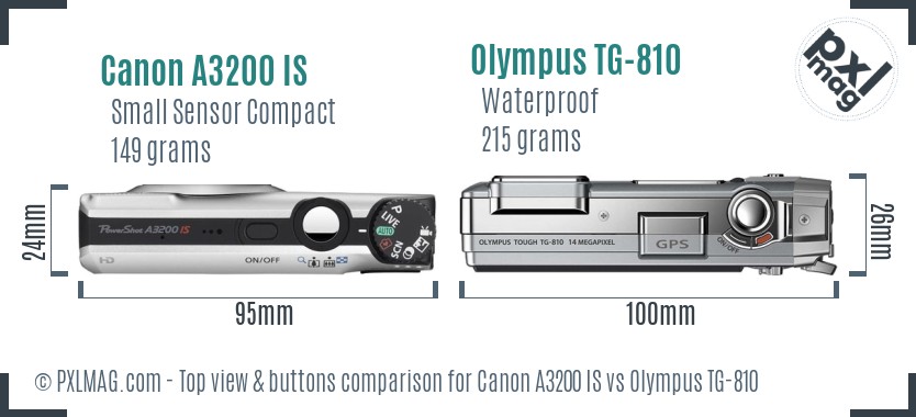 Canon A3200 IS vs Olympus TG-810 top view buttons comparison