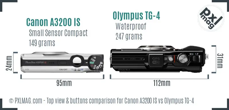 Canon A3200 IS vs Olympus TG-4 top view buttons comparison