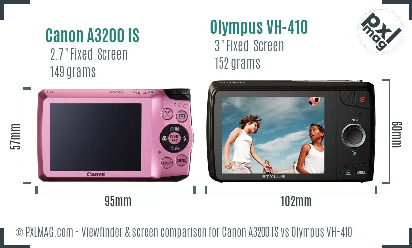 Canon A3200 IS vs Olympus VH-410 Screen and Viewfinder comparison