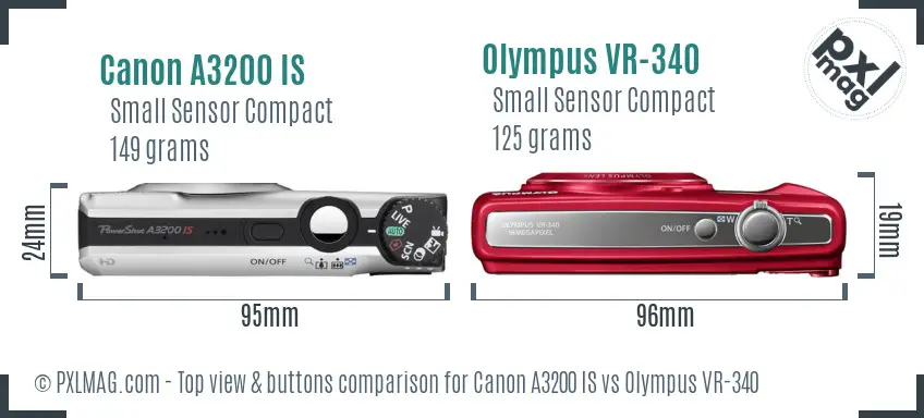 Canon A3200 IS vs Olympus VR-340 top view buttons comparison Canon A3200 IS vs Olympus VR-340 top view buttons comparison