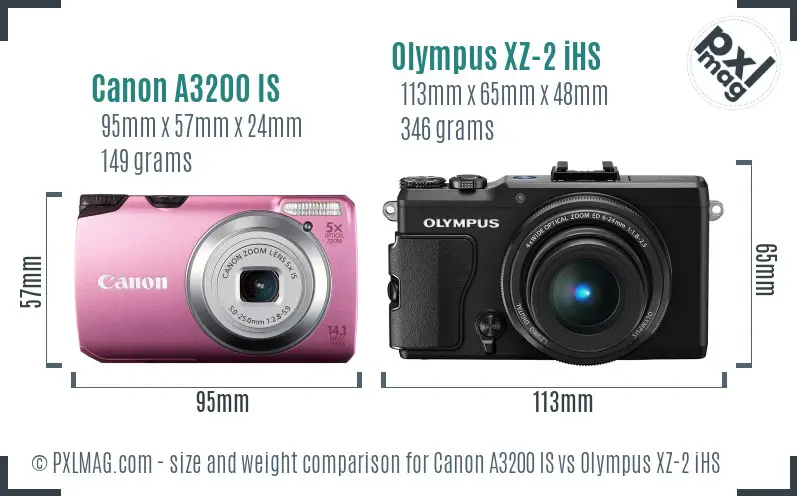 Canon A3200 IS vs Olympus XZ-2 iHS size comparison
