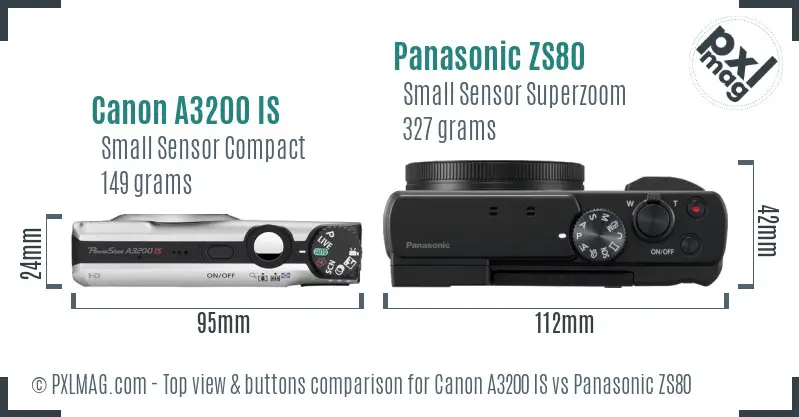 Canon A3200 IS vs Panasonic ZS80 top view buttons comparison