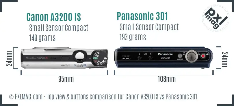 Canon A3200 IS vs Panasonic 3D1 top view buttons comparison