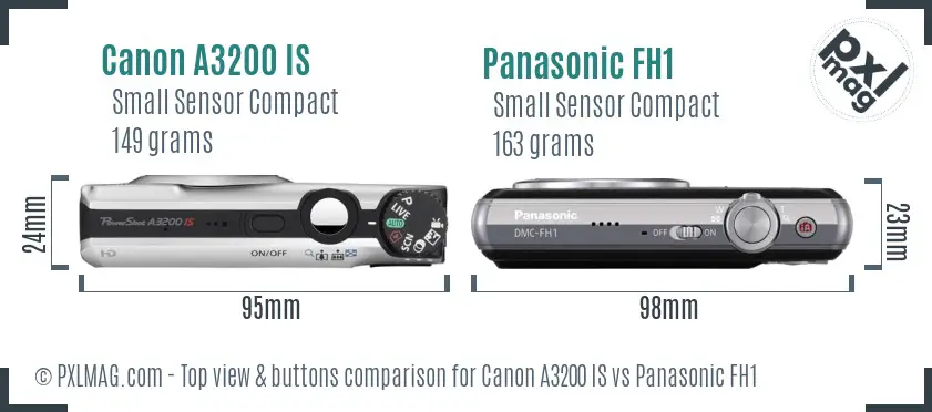 Canon A3200 IS vs Panasonic FH1 top view buttons comparison Canon A3200 IS vs Panasonic FH1 top view buttons comparison