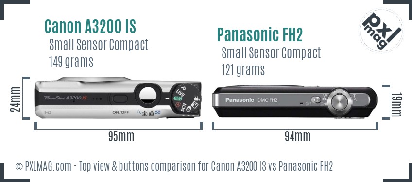 Canon A3200 IS vs Panasonic FH2 top view buttons comparison