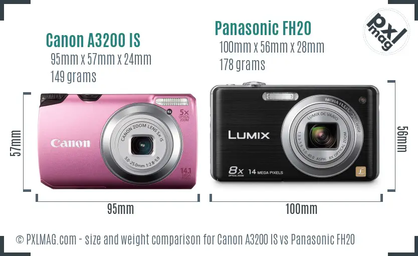 Canon A3200 IS vs Panasonic FH20 size comparison