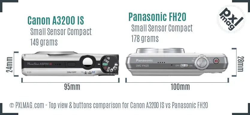 Canon A3200 IS vs Panasonic FH20 top view buttons comparison